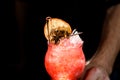 Close-up of glass with cocktail decorated with citrus, plant and glassy straw Royalty Free Stock Photo