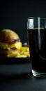 Close up of glass of cola near blurred burger and french fries on black background Royalty Free Stock Photo