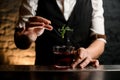 Close-up of glass with drink which bartender decorating with fresh green plant.