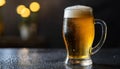 Close-up of glass of cold beer glass with foam on table. Cool beverage. Alcoholic drink