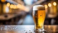 Close-up of glass of cold beer glass with foam on table. Cool beverage. Alcoholic drink