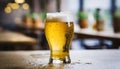 Close-up of glass of cold beer glass with foam on table. Cool beverage. Alcoholic drink