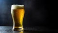 Close-up of glass of cold beer glass with foam on table. Cool beverage. Alcoholic drink