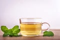 Close up a glass cup of mint tea with green fresh peppermint lea Royalty Free Stock Photo