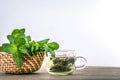 Close up a glass cup of mint tea with green fresh peppermint lea Royalty Free Stock Photo