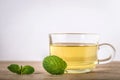 Close up a glass cup of mint tea with green fresh peppermint lea Royalty Free Stock Photo