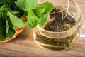 Close up a glass cup of mint tea with green fresh peppermint lea Royalty Free Stock Photo