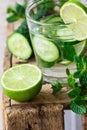 Close up of glass with detox cucumber water with fresh mint and lime on barn wood box, ingredients, spring or summer