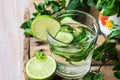 Close up of glass with detox cucumber water with fresh mint and lime on barn wood box, ingredients, spring or summer, outdoors