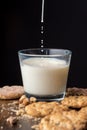 Close-up of glass with drops of milk falling, on wooden table with cookies, selective focus, black background