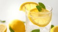 Generative AI Illustration Close up of a glass of fresh sliced lemon in soda water and mint on white background Royalty Free Stock Photo