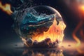 Close-up glass globe with ice water and fire isolated on dark background. Fire and ice concept. Generative AI Royalty Free Stock Photo