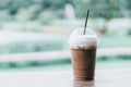 Close up glass of ice chocolate on wood table, selective focus Royalty Free Stock Photo