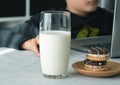Close-up a glass of milk healthy drink and snack