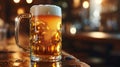 A close up of a glass mug filled with beer on top of a wooden table, AI Royalty Free Stock Photo