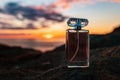 Close up of glass perfume bottle standing on a rock against the background of a twilight sunset. Copy space Royalty Free Stock Photo