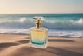 Close up of glass perfume bottle standing on sand. Ocean in background. Selective perfumery and luxury fragrance. Copy Royalty Free Stock Photo