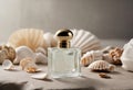 Close up of glass perfume bottle standing on sand with shells. Selective perfumery and luxury fragrance. Concept of Royalty Free Stock Photo