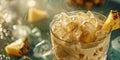 Close-up of a glass of pina colada cocktail with ice, garnished with a piece of pineapple