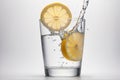 Close up with glass of pouring water and lemon on white background on white background Royalty Free Stock Photo