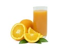 Close-up of Glass squeezed orange juice and fresh fruits ripe cut half with green leaves Fruit organic from natural food vegetari