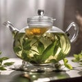 A close-up of a glass teapot with blooming tea leaves unfolding in hot water2