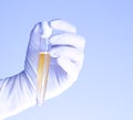 Close-up of glass tube with yellow fluid in scientist hand during medical test