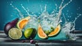 water splashing into the slices of fruit with a lime and orange slice Royalty Free Stock Photo