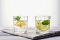 Close-up glass of water with lemon, lime and mint on light gray wooden background Royalty Free Stock Photo