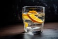 close-up of glass of water with slice of orange and lemon peels floating Royalty Free Stock Photo