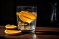 close-up of glass of water with slice of orange and lemon peels floating