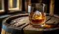 Glass of Whiskey with Ice Cube on an Oak Wooden Barrel - Generative Ai Royalty Free Stock Photo