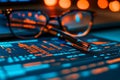 close up of pen and eyeglasses on digital screen with glowing orange and blue data visualization and text in low light Royalty Free Stock Photo