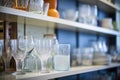 close-up of glassware neatly lined on lit shelves