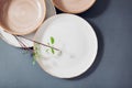 Close up of glazed ceramic kitchenware on grey background. Set of white beige dinner and soup plates Royalty Free Stock Photo