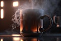 close-up of gleaming iron mug, with steam rising from hot drink