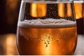 Close-up of a glistening droplet sliding down the side of a chilled amber-tinted craft beer glass