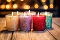 close-up of glittered candles on wooden surface