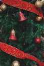 Close up of glittery christmas ornaments on a tree.