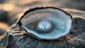 A close up of a glossy oyster shell with a pearl inside wet from ocean water resting on a smooth rock under soft evening light