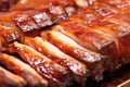 close-up of glossy, shiny glazed pork ribs