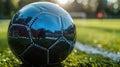 A close-up of a glossy, textured soccer ball with the vibrant green pitch slightly blurred in the background, capturing Royalty Free Stock Photo