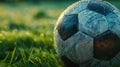 A close-up of a glossy, textured soccer ball with the vibrant green pitch slightly blurred in the background, capturing Royalty Free Stock Photo