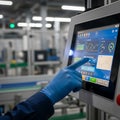 Close up of a gloved hand interacting with a modern industrial touchscreen control panel in a factory setting Royalty Free Stock Photo