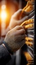 Technician wearing gloves connects yellow ethernet cables to a server rack in a data center Royalty Free Stock Photo