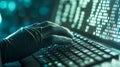 Close-up of a gloved hand typing on a keyboard with binary code displayed on a screen in a modern tech environment Royalty Free Stock Photo