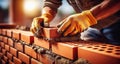 The Gloved Hands of a Bricklayer Laying a Clay Brick on Brick Wall Under Construction - Generative Ai Royalty Free Stock Photo
