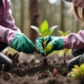 Close up gloved hands of girl planting seedlings, Planting young trees in new forest. Ecology activity.