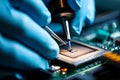 Close up of gloved hands using precision tools on a microchip technology circuit Royalty Free Stock Photo