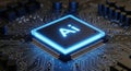Close-up of a Glowing AI Microchip on a Circuit Board artificial intelligence processor Royalty Free Stock Photo